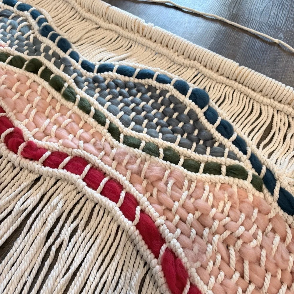 Handmade Cream Macramé Wall Hanging with Pink, Navy, Olive & Red Accents